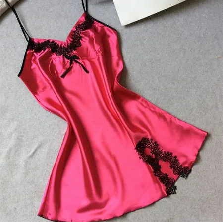 Ladies Sexy Silk Satin Night Dress Sleeveless Nighties V-neck Nightgown Solid Nightdress Lace Night Gown Sleepwear For Women